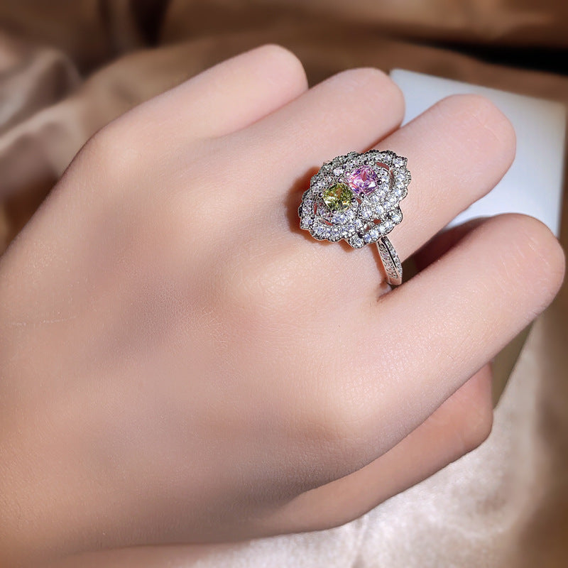 Felistly Jewelry: Pink Diamond & Colored Gemstone Ring for Women - Featuring Yellow Diamond Square CZ Accents, Adjustable Open Band