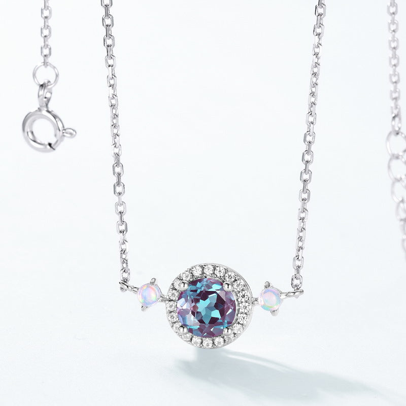 Designer Alexandrite Color-Shift Necklace – 925 Silver Halo Pendant with Princess Chain
