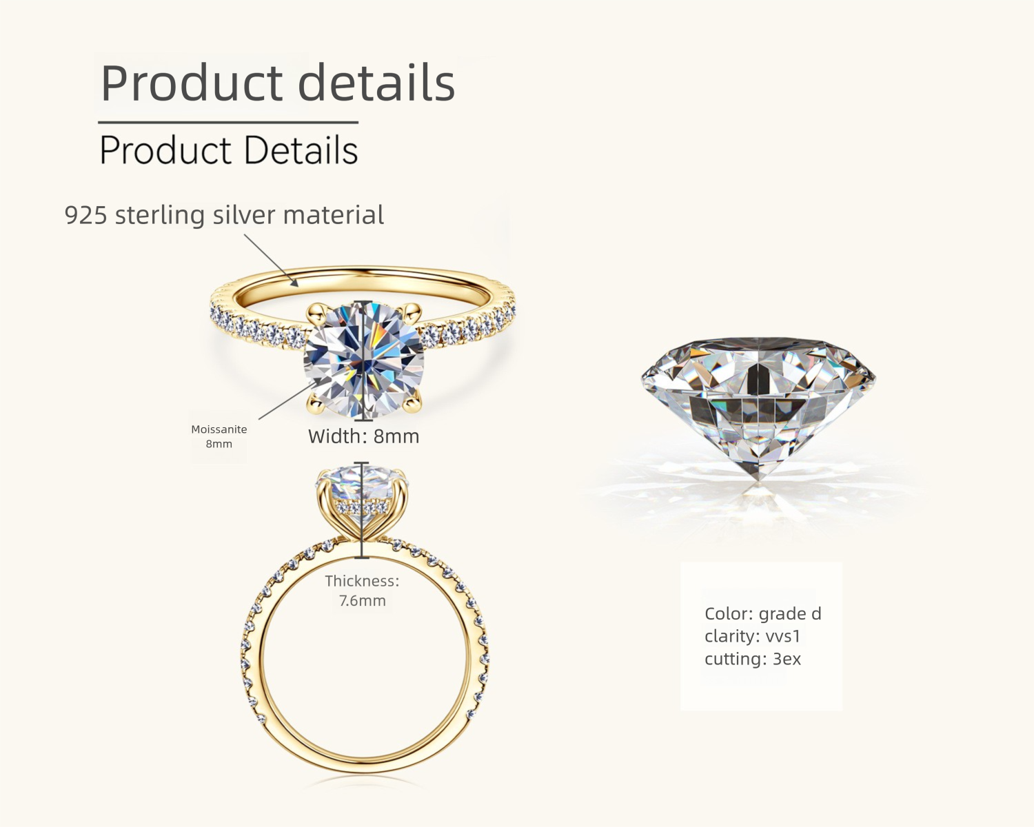 Felistly Jewelry:925 Sterling Silver 2ct Moissanite Ring for Women – High-End Micro Pave Four-Prong Solitaire Ring