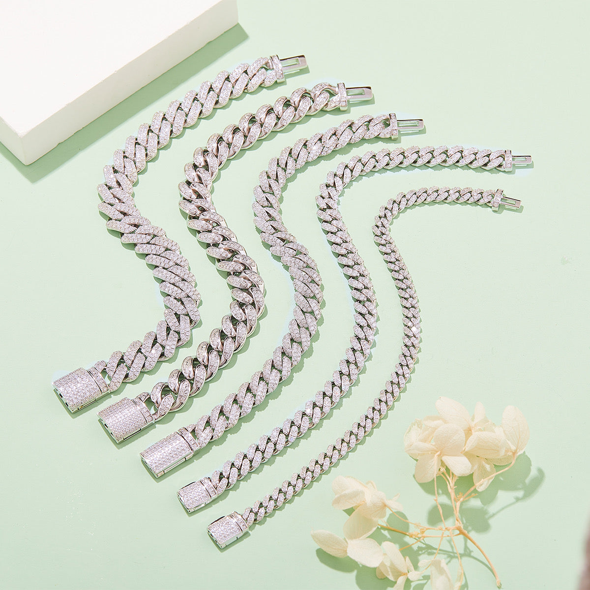 Wide Cuban Link Chain in Sterling Silver (S925), with Round White Moissanite Melee Stones, DVVS Quality