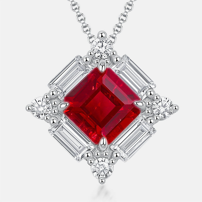 Women’s Lab-Created Ruby Pendant Necklace - Geometric 925 Silver Collarbone Jewelry