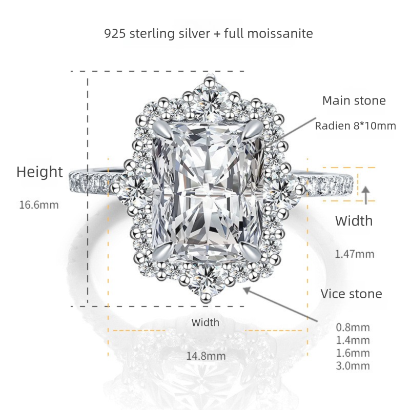 Felistly Jewelry: Radiant Cut Moissanite Engagement Rings | 2025 New 5ct 8x10mm Radiant Cut Full Moissanite Ring in 925 Silver Gold Plated - Cross-Border Best Seller