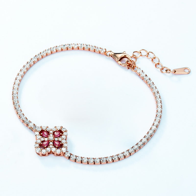 Four-Leaf Luck Bracelet - Lab Ruby & 925 Silver Minimalist Stackable Jewelry