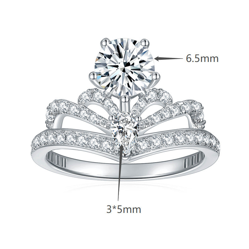 engagement rings for women | Luxury 1ct + 0.8ct D Moissanite Crown Ring – Platinum-Plated 925 Silver |