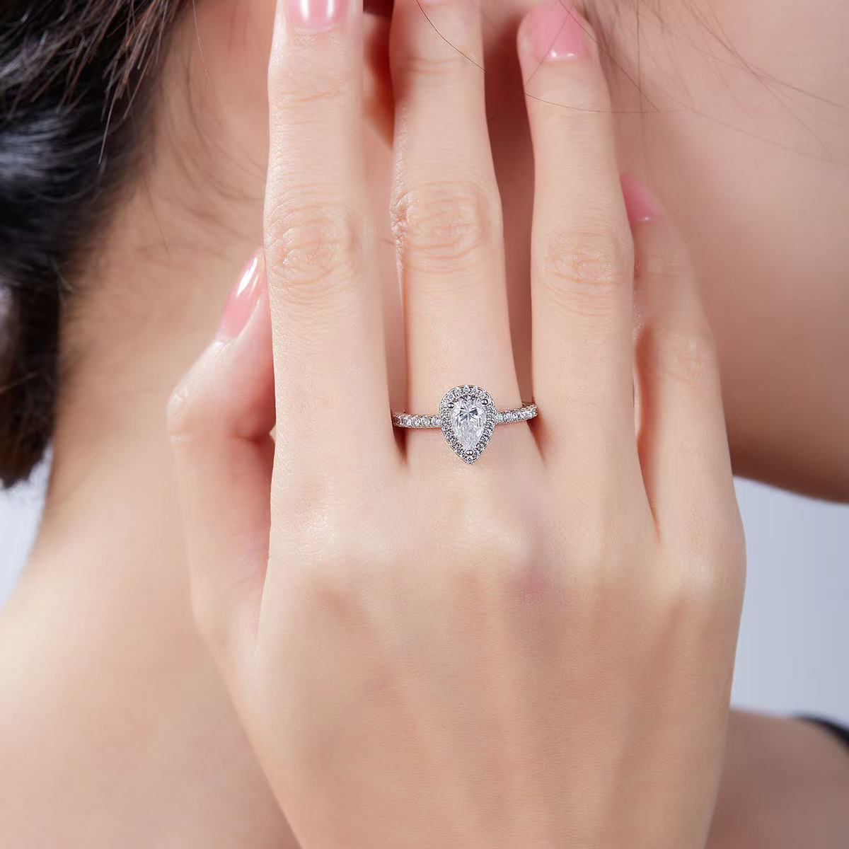 Pear-Shaped 1ct D Color Moissanite Ring - 925 Silver & White Gold Plated