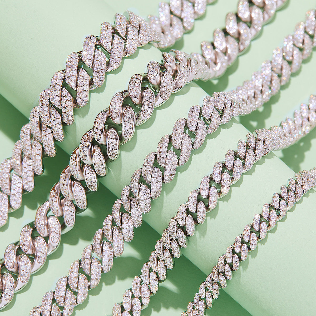 Wide Cuban Link Chain in Sterling Silver (S925), with Round White Moissanite Melee Stones, DVVS Quality