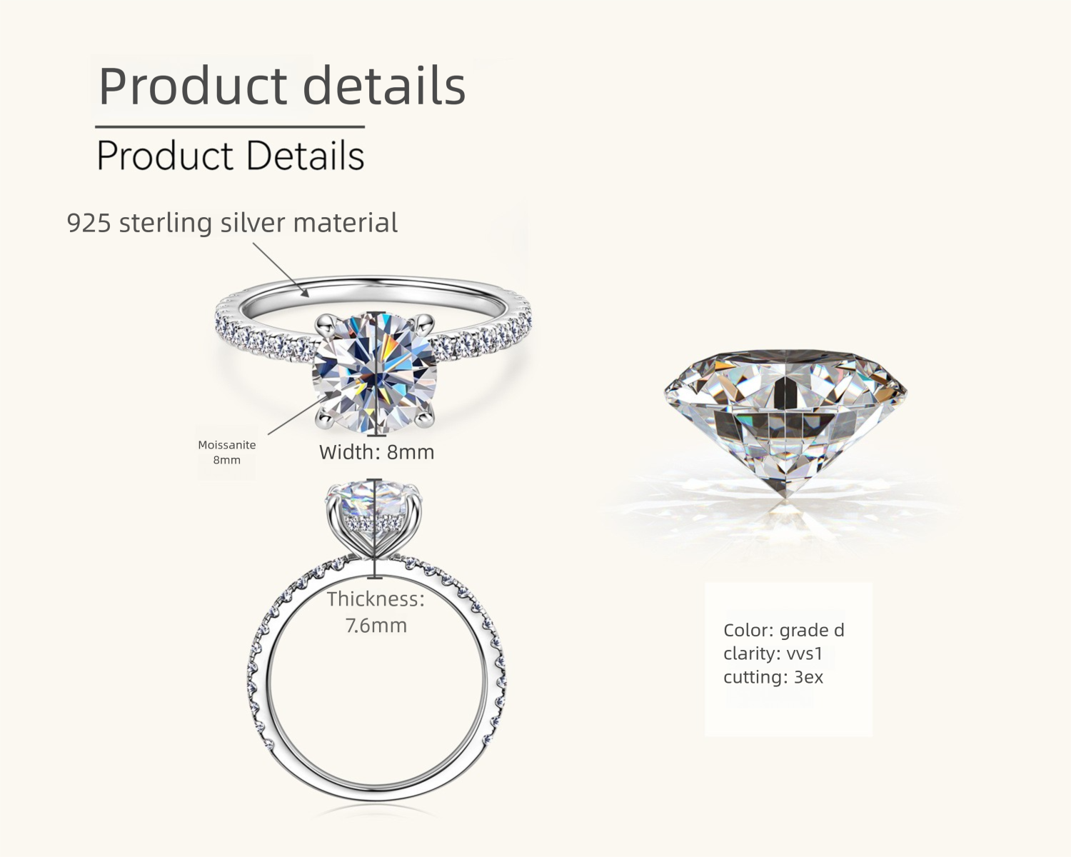 Felistly Jewelry:925 Sterling Silver 2ct Moissanite Ring for Women – High-End Micro Pave Four-Prong Solitaire Ring