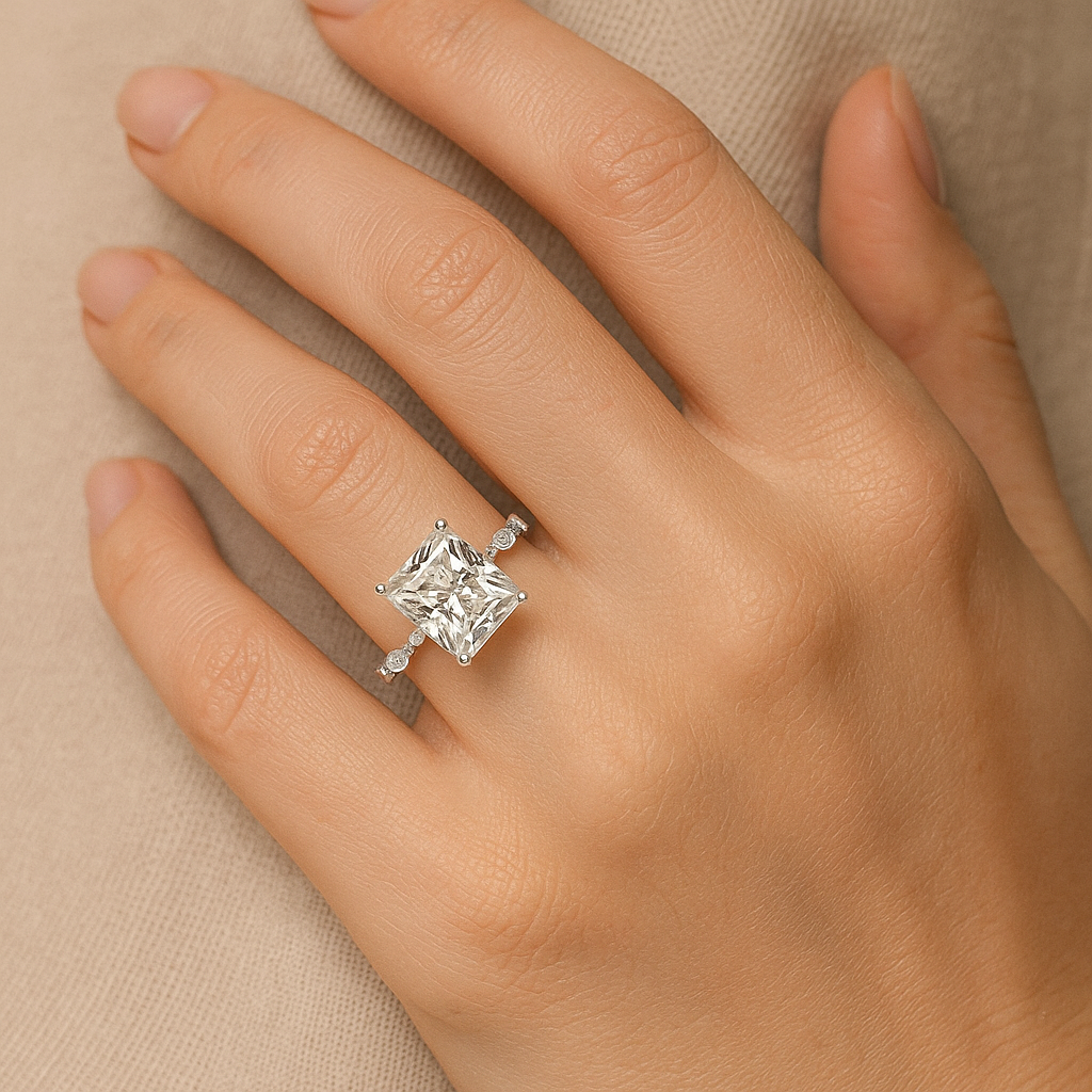 Luxury 3ct Rectangular Moissanite Ring – Platinum-Plated 925 Silver 'Starry Sky' Collection