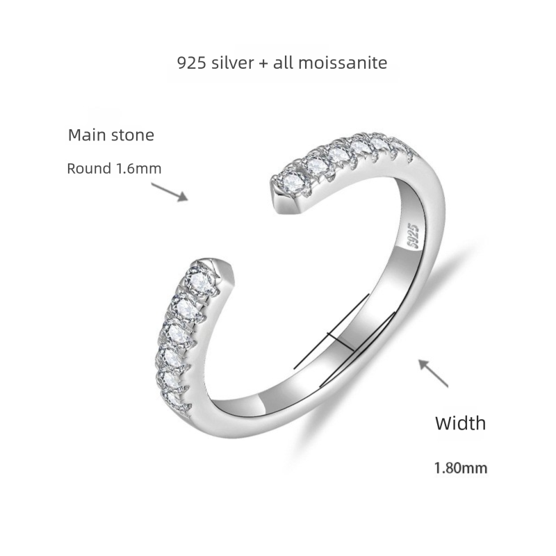 Versatile Stackable Open Ring - S925 Silver Plated 18K Gold with Moissanite Row Ring for Women