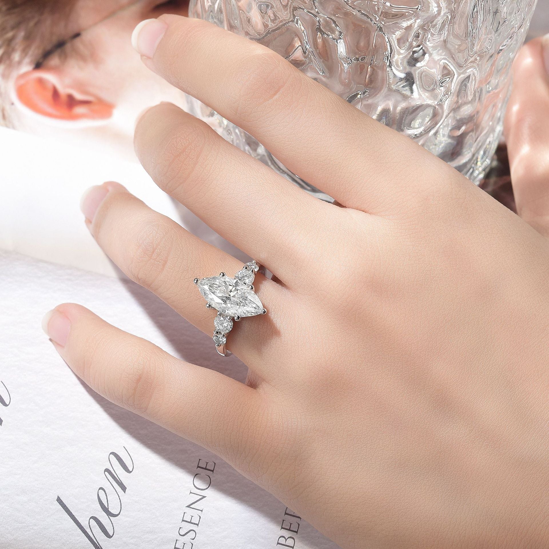 Felistly Jewelry: 3 Carat Moissanite Five-Stone Ring - Unique Design in Sterling Silver 18K Gold Plated, Engagement Ring for Women