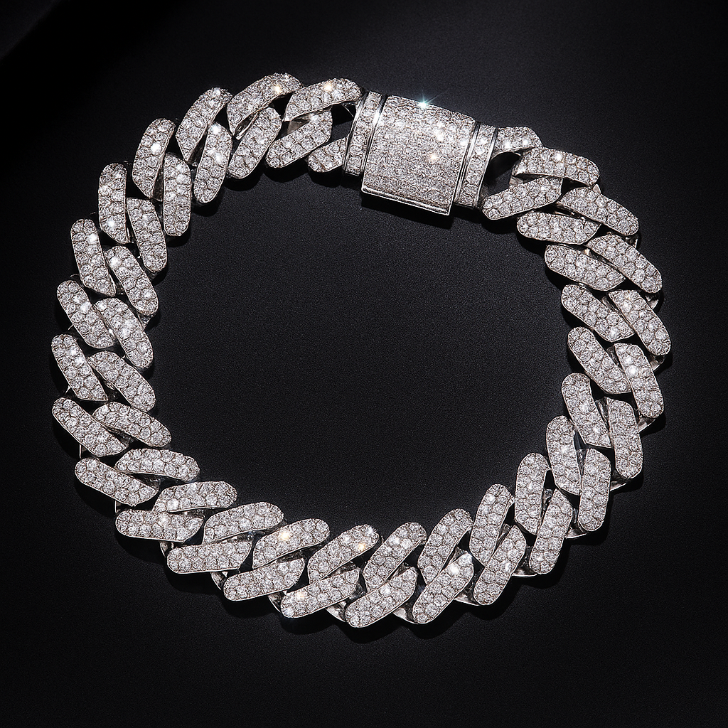 Wide Cuban Link Chain in Sterling Silver (S925), with Round White Moissanite Melee Stones, DVVS Quality