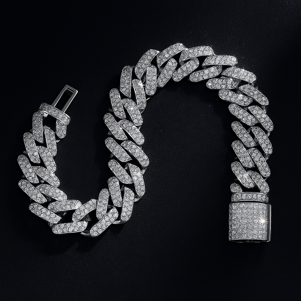 Wide Cuban Link Chain in Sterling Silver (S925), with Round White Moissanite Melee Stones, DVVS Quality