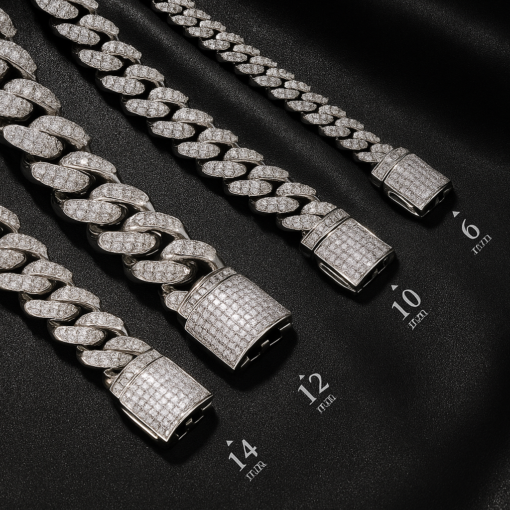 Wide Cuban Link Chain in Sterling Silver (S925), with Round White Moissanite Melee Stones, DVVS Quality