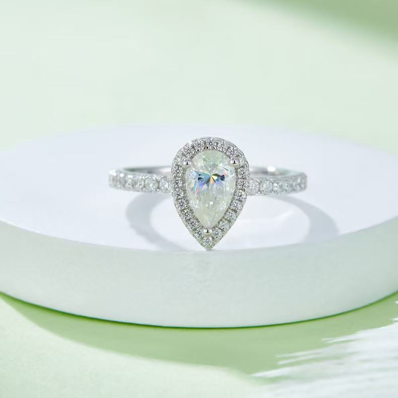 Pear-Shaped 1ct D Color Moissanite Ring - 925 Silver & White Gold Plated